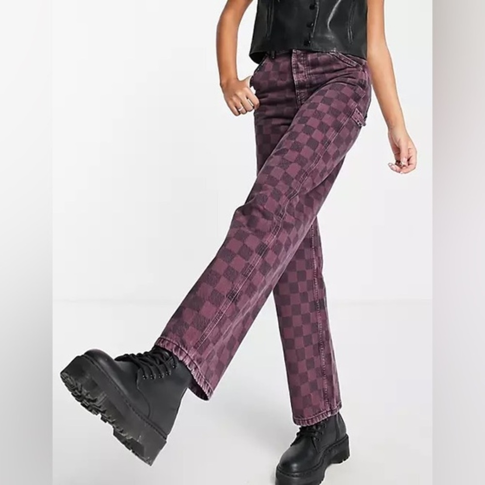 NWT TOPSHOP Purple Checkerboard Grid Plaid Carpenter Mom Jeans New High Rise